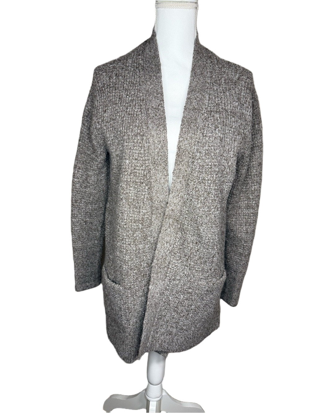 Caslon Women’s Heather Taupe Open-Front Waffle Knit Cardigan Sweater - Sz L, NWT